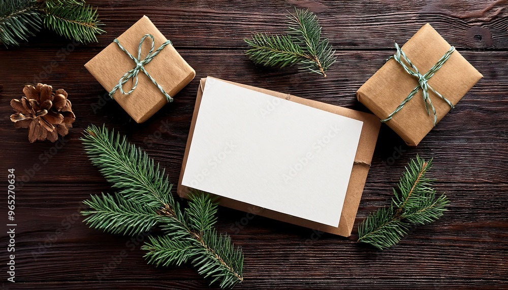Greeting card mockup with christmas gift boxes and fir tree branches on dark wooden background Greeting card mockup with christmas gift boxes and fir tree branches on dark wooden background