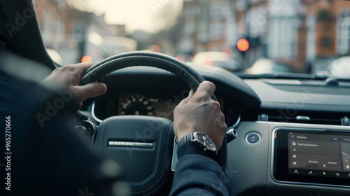 Driver focused on the road while maneuvering through city traffic in late afternoon