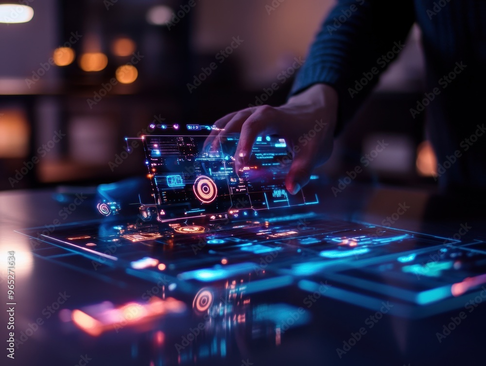 Naklejka premium A holographic 3D interface projected in a virtual workspace, where users manipulate layers of floating digital objects.