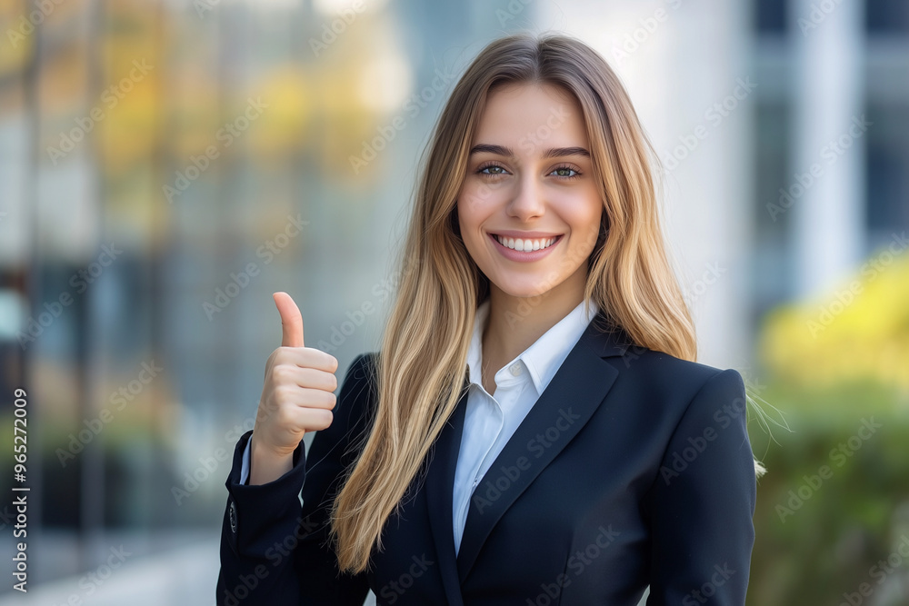 woman in a business suit is smiling and giving a thumbs up. The image conveys a positive and confident mood, suggesting that the woman is happy and proud of her work or accomplishment woman in a business suit is smiling and giving a thumbs up. The image conveys a positive and confident mood, suggesting that the woman is happy and proud of her work or accomplishment