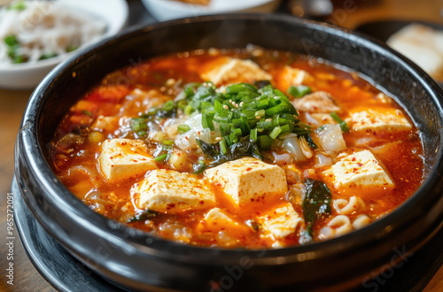 A traditional Korean sundubu jjigae soft tofu stew with spicy broth