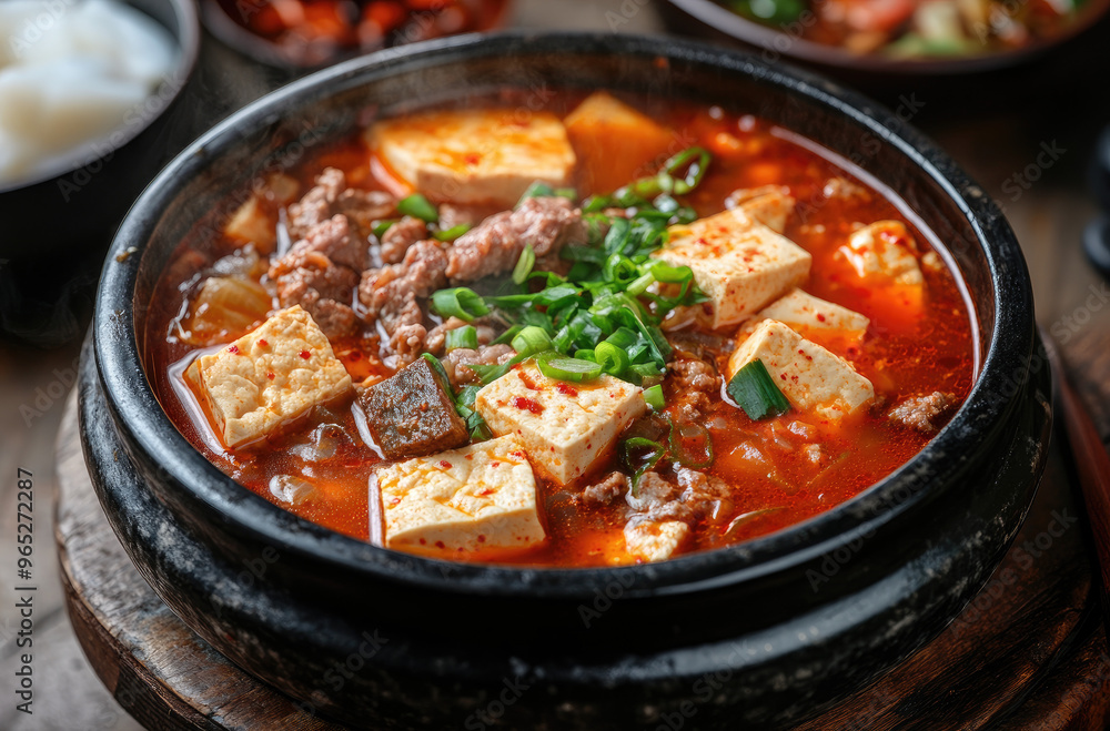 A traditional Korean sundubu jjigae soft tofu stew served in a hot stone pot A traditional Korean sundubu jjigae soft tofu stew served in a hot stone pot