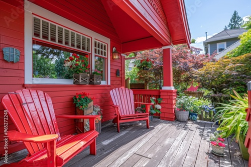 Red painted wooden deck with chairs and outdoor area of an American neighborhood house. photo