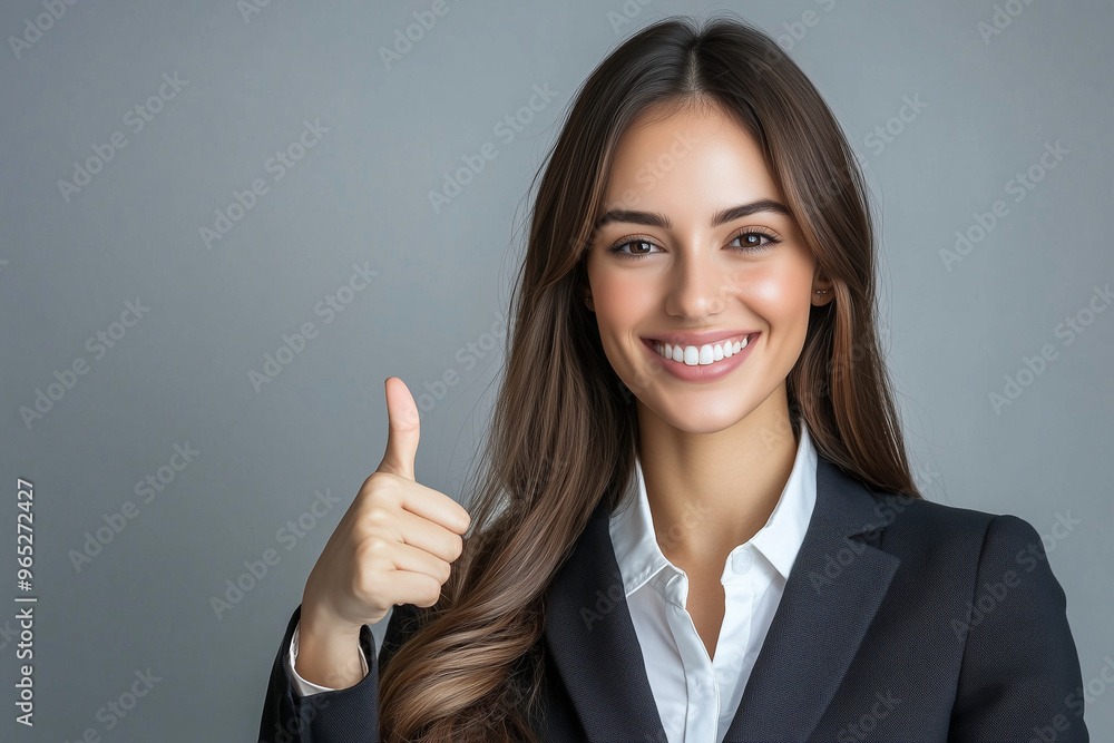 woman in a business suit is giving a thumbs up. She is smiling and she is happy woman in a business suit is giving a thumbs up. She is smiling and she is happy