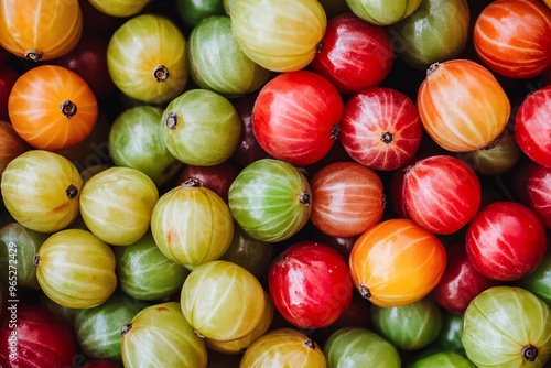 Gooseberries close up green red yellow fruit fresh organic healthy juicy photo