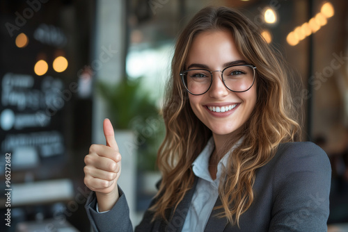 woman in a business suit is giving a thumbs up. She is smiling and she is happy