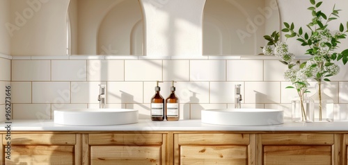 Stylish bathroom interior featuring dual sinks, wooden cabinetry, and elegant decor with natural lighting and greenery.