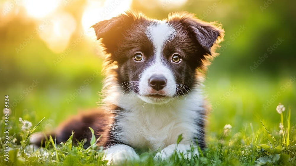 An adorable fluffy border collie puppy with large brown eyes and floppy ears frolics alone in a sunlit green meadow. An adorable fluffy border collie puppy with large brown eyes and floppy ears frolics alone in a sunlit green meadow.