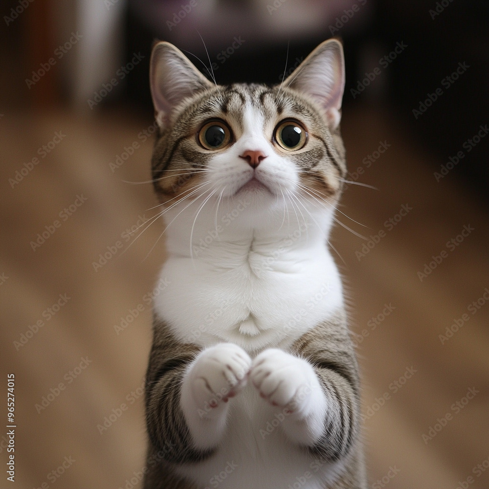 A cute American Shorthair cat with white and brown patterns, standing upright on its hind legs like a human in front of the camera A cute American Shorthair cat with white and brown patterns, standing upright on its hind legs like a human in front of the camera