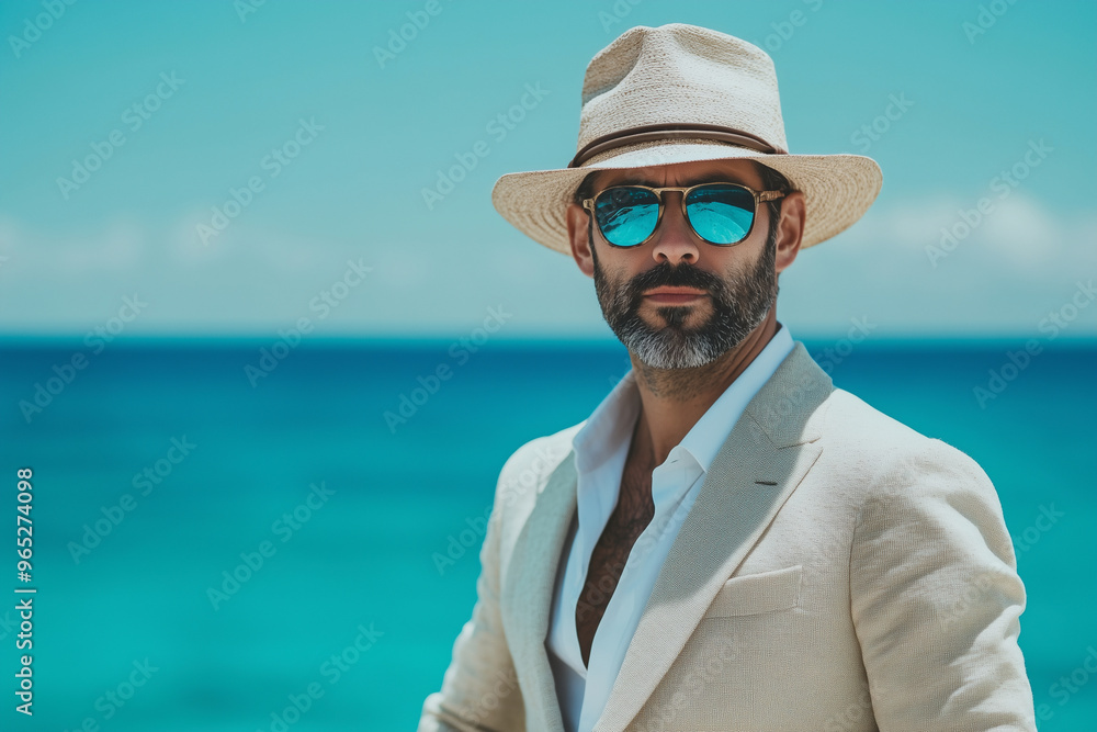 man wearing a white suit and hat is standing on a rocky beach. He is wearing sunglasses. man wearing a white suit and hat is standing on a rocky beach. He is wearing sunglasses.