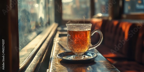 Vintage Russian teacup with a metal handle, situated within a train compartment. photo