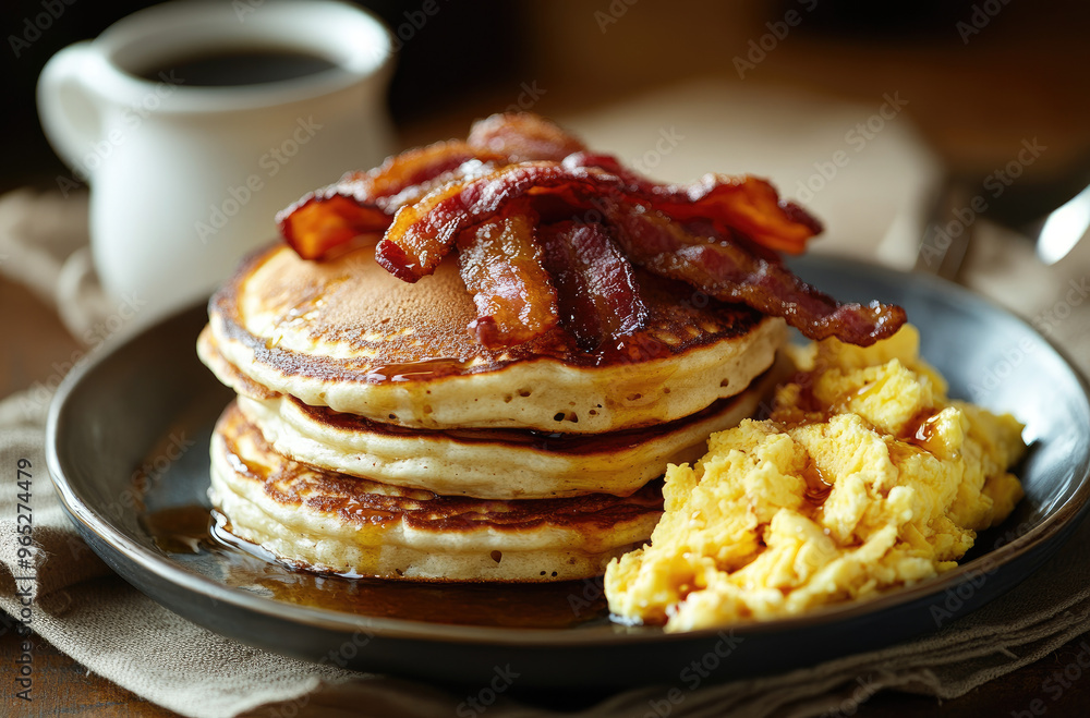American breakfast platter with fluffy pancakes, crispy bacon, and scrambled eggs American breakfast platter with fluffy pancakes, crispy bacon, and scrambled eggs
