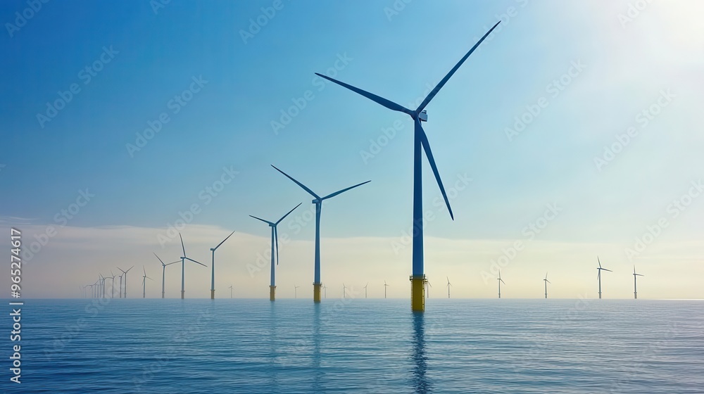 Distant view of a coastal wind farm, turbines blending with the horizon, soft sunlight illuminating the renewable energy landscape Distant view of a coastal wind farm, turbines blending with the horizon, soft sunlight illuminating the renewable energy landscape