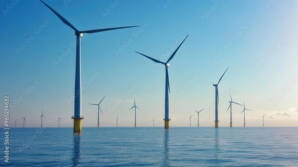 Distant view of a coastal wind farm, turbines blending with the horizon, soft sunlight illuminating the renewable energy landscape Distant view of a coastal wind farm, turbines blending with the horizon, soft sunlight illuminating the renewable energy landscape