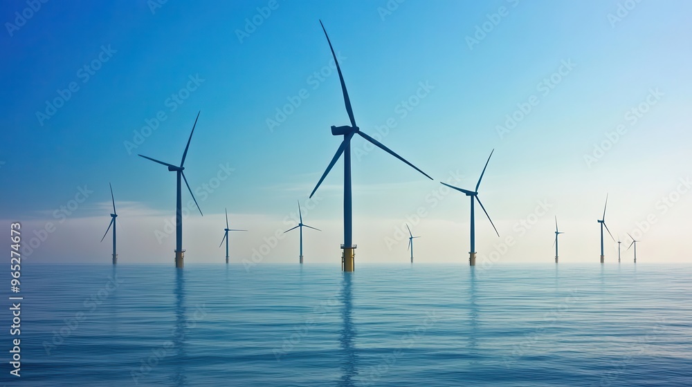 Distant view of a wind farm on a calm, glassy sea, turbines spinning in unison, representing the peaceful power of renewable energy Distant view of a wind farm on a calm, glassy sea, turbines spinning in unison, representing the peaceful power of renewable energy