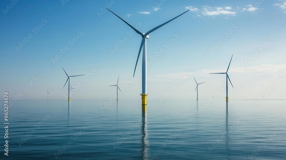 Distant view of a wind farm on a calm, glassy sea, turbines spinning in unison, representing the peaceful power of renewable energy Distant view of a wind farm on a calm, glassy sea, turbines spinning in unison, representing the peaceful power of renewable energy