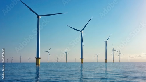 Distant view of a coastal wind farm, turbines blending with the horizon, soft sunlight illuminating the renewable energy landscape photo