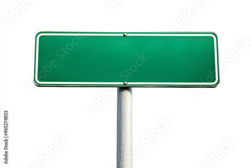 Empty blank green road sign on a sturdy metal pole isolated on white background