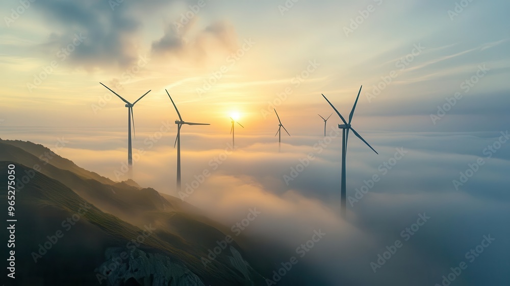 Turbines on a misty coastal morning, the sun breaking through, symbolizing the dawn of a new era in renewable energy Turbines on a misty coastal morning, the sun breaking through, symbolizing the dawn of a new era in renewable energy