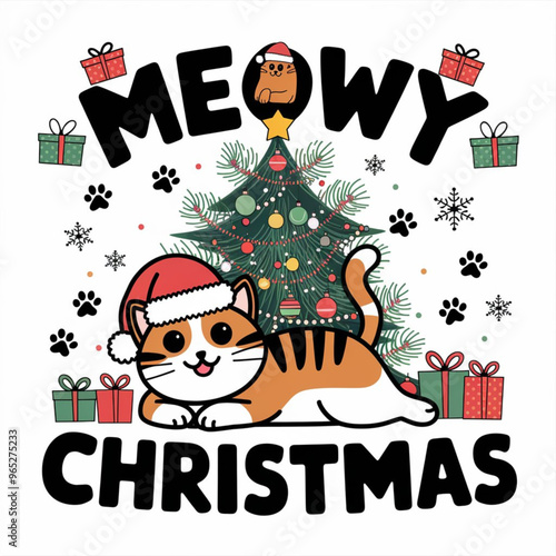 Cute Christmas cat with candy canes and festive elements design