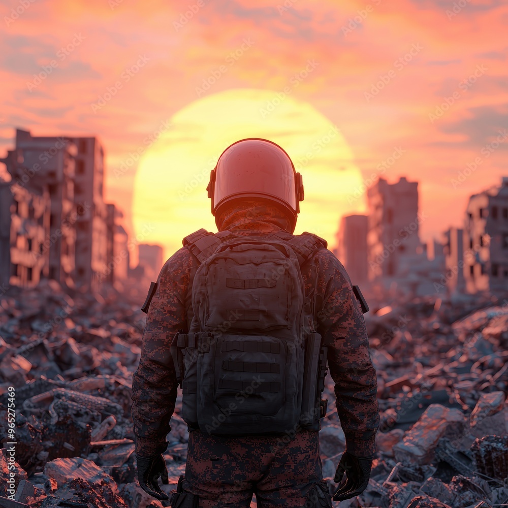 Stranded in the Sunset City: of Lone Survivor Amid Abandoned Cityscape, Copy Space for Text, Quality Stranded in the Sunset City: of Lone Survivor Amid Abandoned Cityscape, Copy Space for Text, Quality