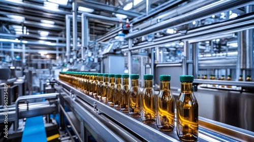 A sleek industrial aesthetic features bottles traveling down a conveyor belt in a contemporary factory filled with stainless steel machinery and piping.