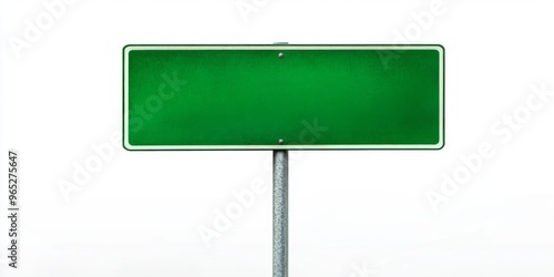 Empty blank green road sign on a sturdy metal pole isolated on white background