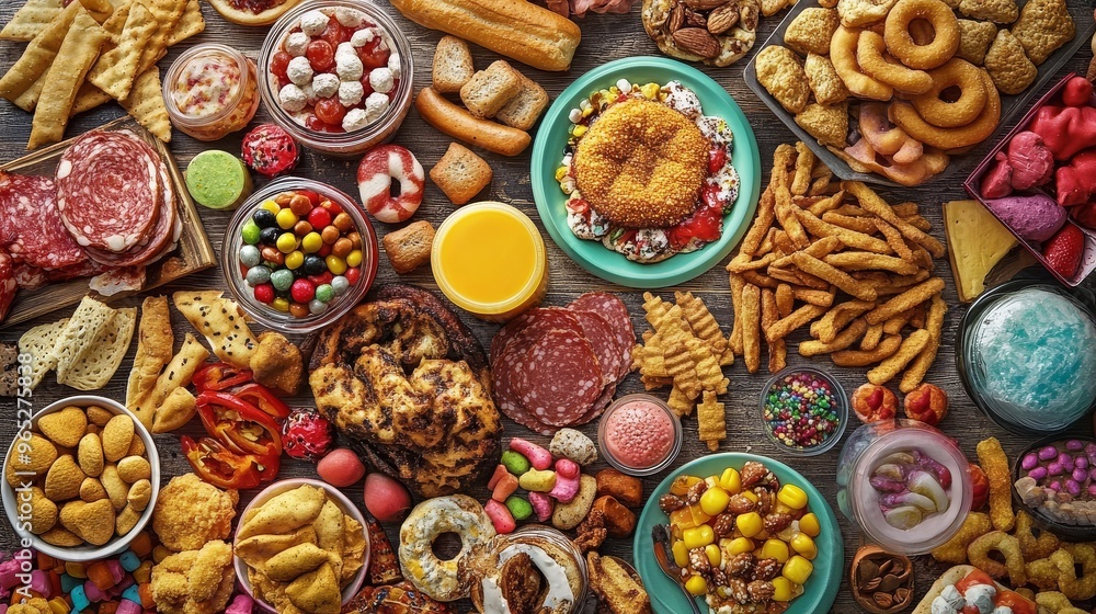 A lively assortment of unhealthy snacks and meals rich in calories but low in nutrition, showcased on a disorganized table surface. A lively assortment of unhealthy snacks and meals rich in calories but low in nutrition, showcased on a disorganized table surface.