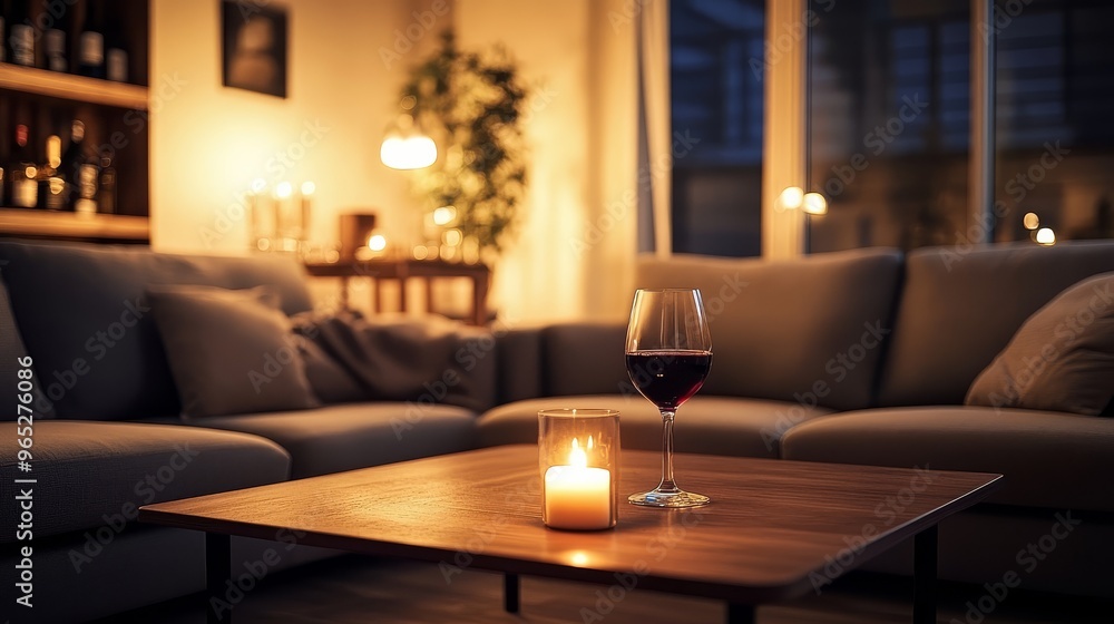 Warm living area arrangement showcasing a vacant couch, wine glass atop the coffee table, and gentle lighting that inspires comfort and calm. Warm living area arrangement showcasing a vacant couch, wine glass atop the coffee table, and gentle lighting that inspires comfort and calm.