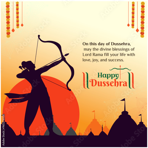 Happy Dussehra, Lord Shri Ram Wishes, Greetings Template vector. Indian Festival Temples Background Shree Rama