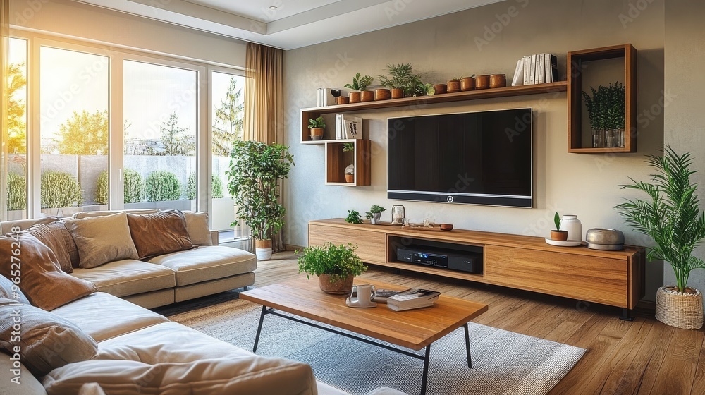 Homely living room equipped with a comfy couch, coffee table, and expansive TV mounted on the wall, awaiting joyful family get-togethers. Homely living room equipped with a comfy couch, coffee table, and expansive TV mounted on the wall, awaiting joyful family get-togethers.