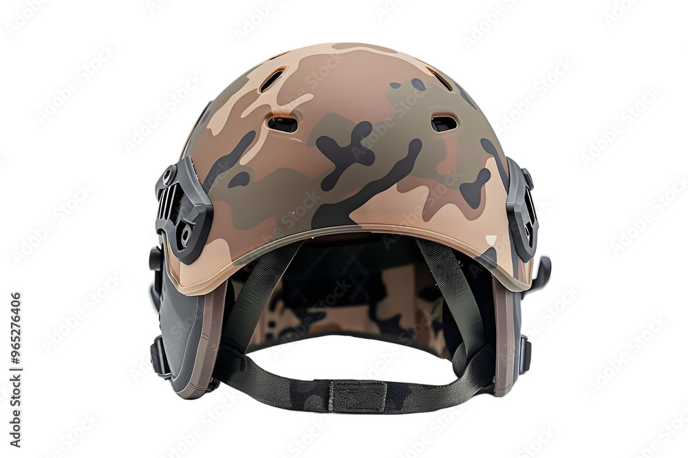 Fototapeta premium Military helmet with camouflage pattern, protective headgear for soldiers. Isolated on a transparent background