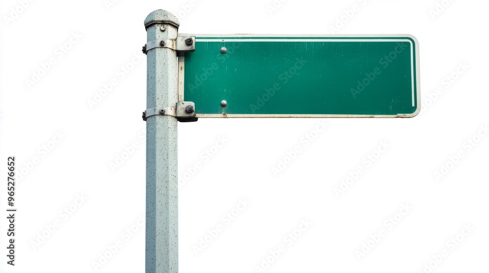 Obraz premium Empty blank green road sign on a sturdy metal pole isolated on white background