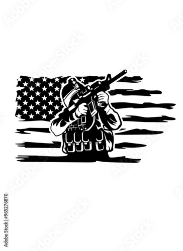 US Military | Army | US Soldier | Patriotic Soldier | USA Flag | Soldier w/Rifle | Veteran Soldier | Soldier Position | Original Illustration | Vector and Clipart | Cutfile and Stencil