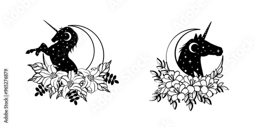 Unicorn | Celestial Unicorn | Floral Unicorn | Moon Horse | Floral Moon | Unicorn w/Flowers | Unicorn Face | Mythological Animal | Original Illustration | Vector and Clipart | Cutfile and Stencil