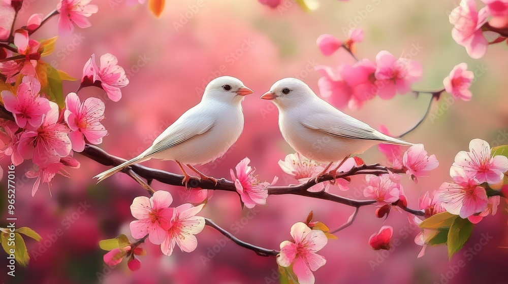 Fototapeta premium Graceful white birds with intricate feather patterns rest calmly on a branch surrounded by vivid pink blooms in a tranquil environment.