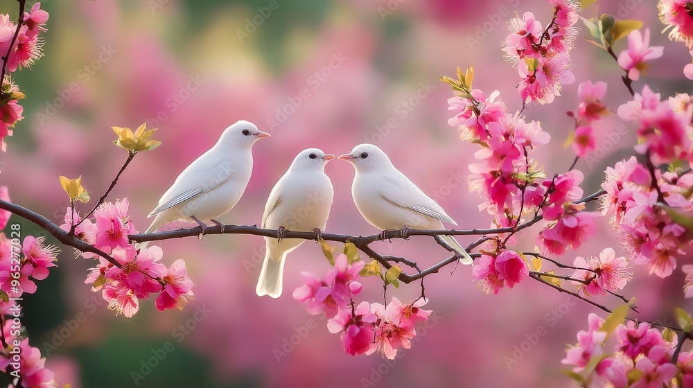 Charming white birds with subtle feather textures peacefully settle on a branch amidst lush pink petals in a calm natural setting. Charming white birds with subtle feather textures peacefully settle on a branch amidst lush pink petals in a calm natural setting.