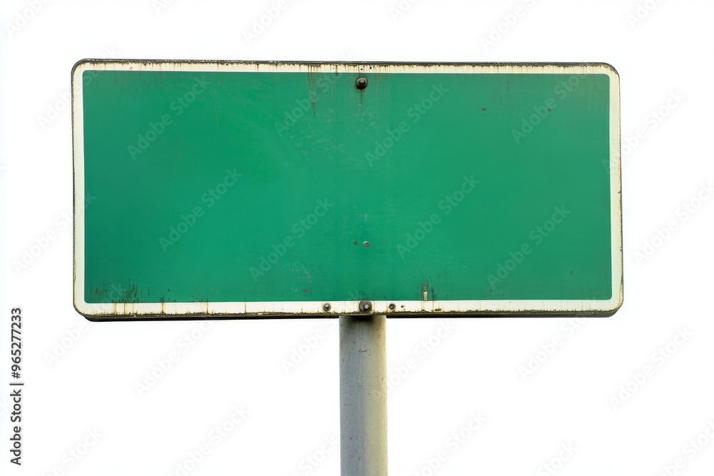 Empty blank green road sign on a sturdy metal pole isolated on white background Empty blank green road sign on a sturdy metal pole isolated on white background