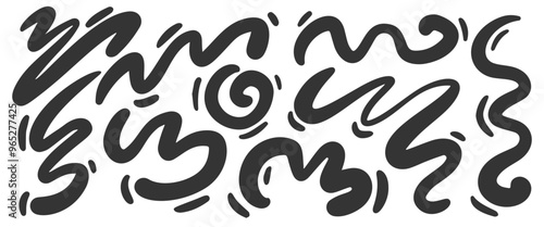 Swoosh lines, Underline brush swirl hand drawn strokes. Vector swishes and squiggle doodles. Decoration flourishes and curvy design elements. Black wavy graphic set