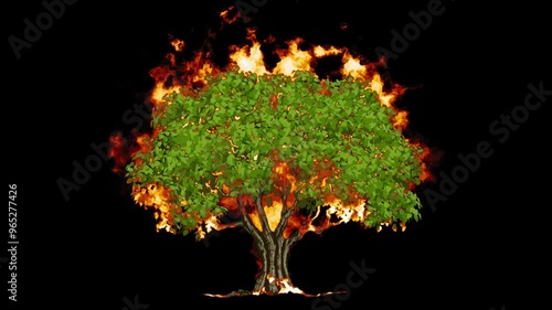 Burning Cartoon Tree. Fire Effect Animation on Transparent Background Isolated 4K Video. Visual Effects and Motion Graphics Element.
