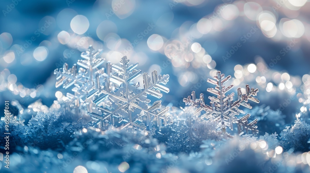 Snowflakes On Snow With Bokeh Of Christmas Lights - Real Snowdrift And Acrylic Crystals Snowflakes On Snow With Bokeh Of Christmas Lights - Real Snowdrift And Acrylic Crystals