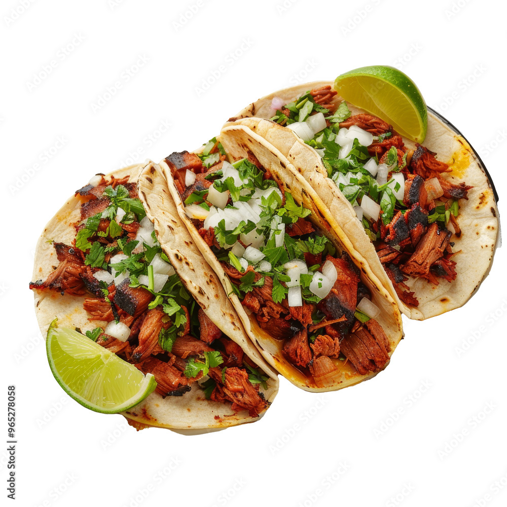 Savory tacos filled with seasoned meat, topped with onions and cilantro, served with lime wedges on a white plate Savory tacos filled with seasoned meat, topped with onions and cilantro, served with lime wedges on a white plate