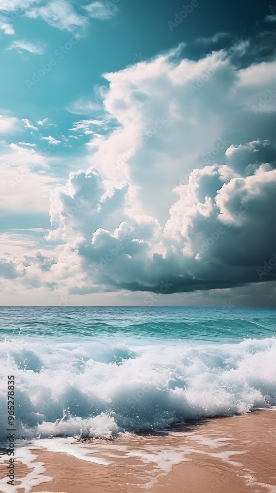 A crashing wave against a sandy beach with a cloudy sky A crashing wave against a sandy beach with a cloudy sky