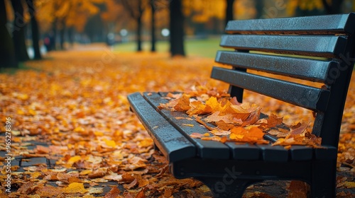 Photorealistic Autumn Scene of Fallen Leaves on a Park Bench, Surrounded by Colorful Foliage and Trees, Captured with a Sony A7R IV Camera in Warm Tones with Shallow Depth of Field photo