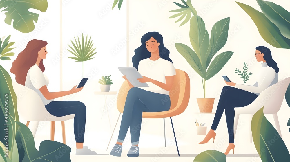 Three women sitting in chairs, one of them reading a book Three women sitting in chairs, one of them reading a book