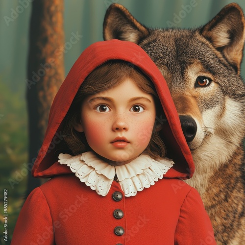 Fantastical Encounter: Little Red Riding Hood Meets the Wolf in Enchanted Woods - 3D Illustration with Copy Space and Selective Focus | Ultra HD photo