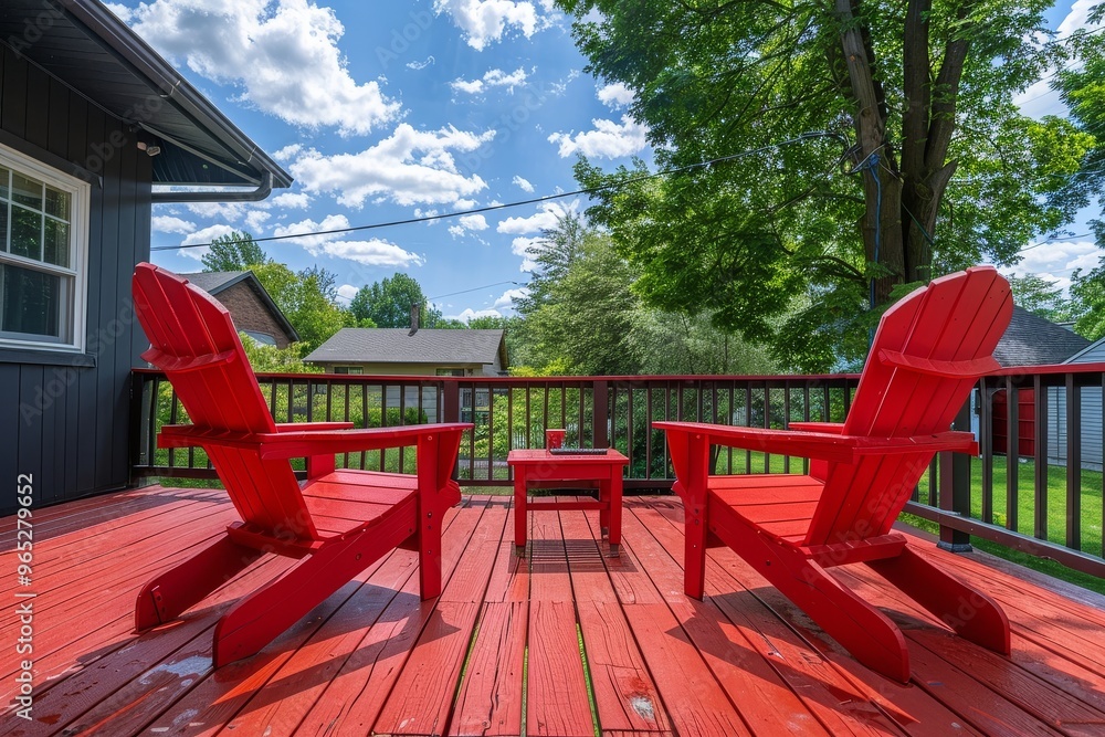 Red painted wooden deck with two chairs and backyard view in a residential home. Red painted wooden deck with two chairs and backyard view in a residential home.