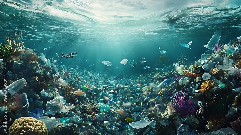 Fototapeta premium Polluted Ocean with Plastic Debris Among Coral Reefs