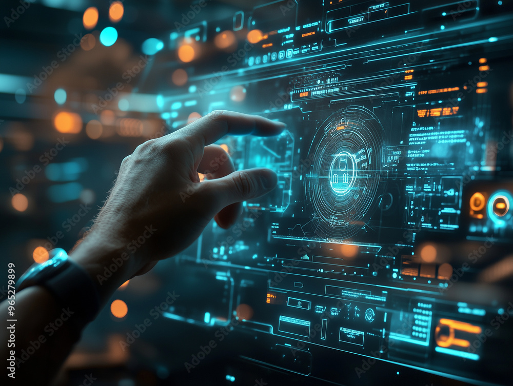 A person interacts with holographic displays and virtual controls in a sleek, high-tech environment, showcasing advanced futuristic technology and data projections. A person interacts with holographic displays and virtual controls in a sleek, high-tech environment, showcasing advanced futuristic technology and data projections.