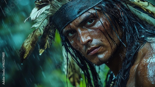 Native American warrior standing under heavy rain